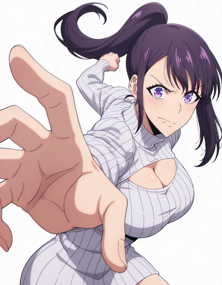 masterpiece, best quality, amazing quality,, <lora:jin-ah-sung-s1s2-illustriousxl-lora-nochekaiser:1>, jin-ah sung, long hair, black hair, purple eyes, ponytail, purple hair, mature female, breasts, anime screencap, <lora:open-chest-sweater-illustriousxl-lora-nochekaiser:1>, open-chest sweater, ribbed sweater, cleavage cutout, meme attire, clothing cutout, turtleneck, sweater dress, cleavage,, <lora:pepe-punch-illustriousxl-lora-nochekaiser:1>, pepe punch, looking at viewer, blush, smile, simple background, closed mouth, clenched fist, foreshortening, punching, incoming punch, incoming attack, angry,shouting,furrowed_brow, , , ,