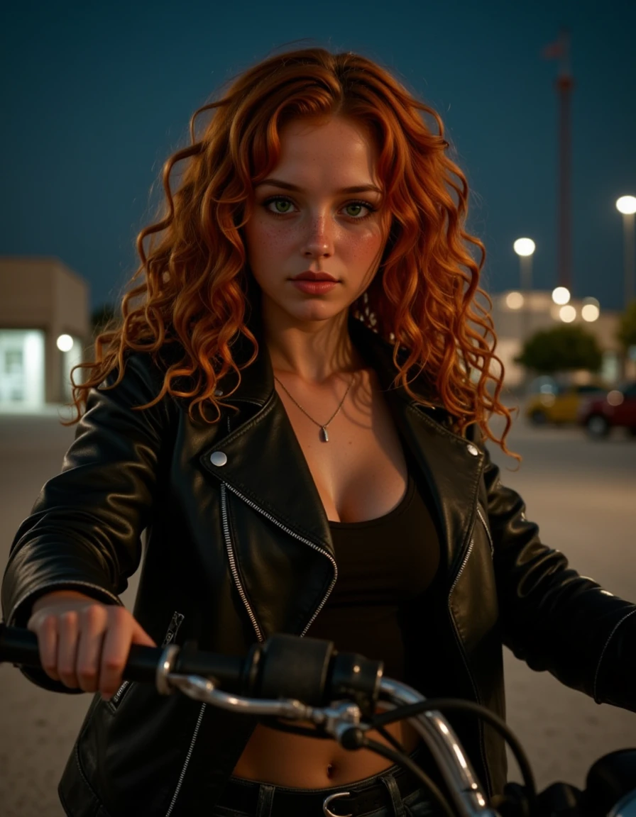 <lora:Gingerella_-_OC_For_Flux:1> a realistic cinematic photo of g1ng3r3ll4_flux woman with ginger hair, olive green eyes, freckles, long curly and wavy hair, her body type is petite and busty, she is on a motorcycle wearing street clothes and a black leather jacket, Night time in a post apocalyptic scenery,