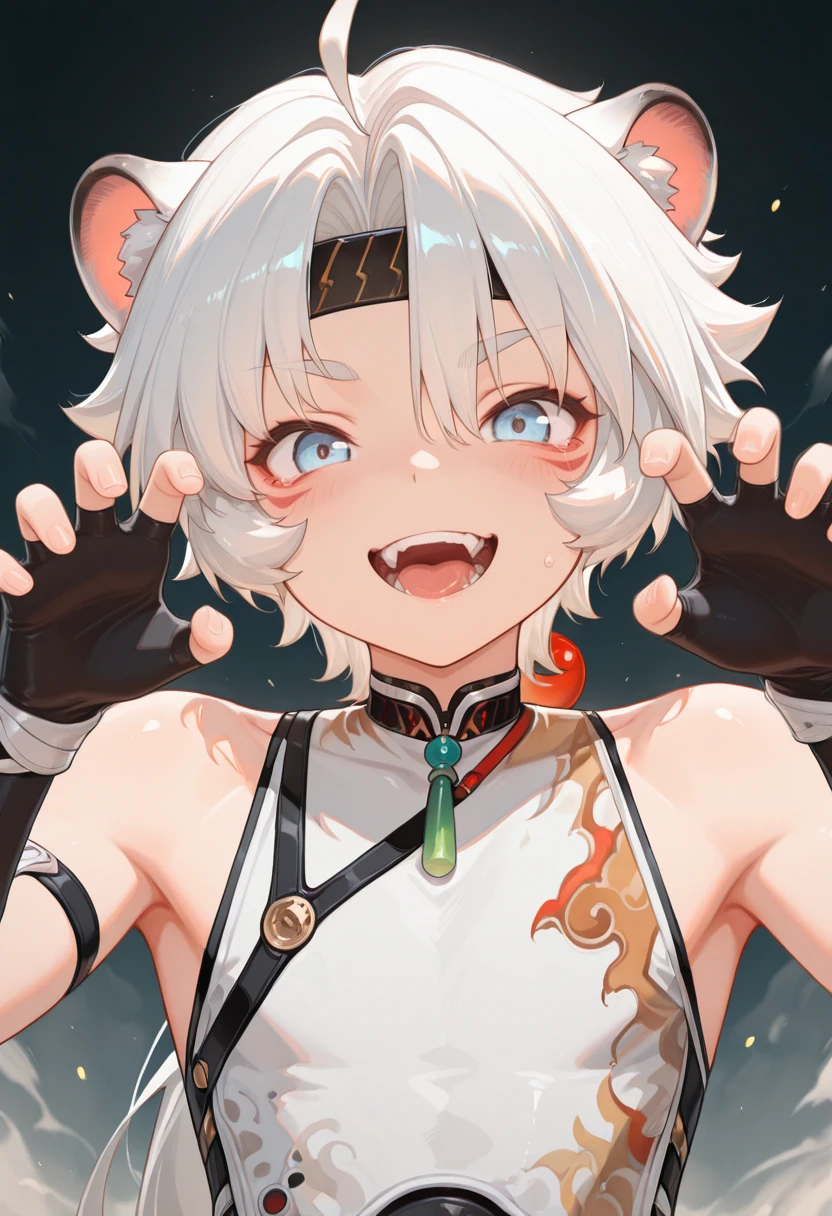 masterpiece, best quality, amazing quality, very aesthetic, high resolution, ultra-detailed, absurdres,
lingyang, gloves, solo, 1boy, fingerless gloves, headband, looking at viewer, open mouth, black gloves, fangs, grey eyes, claw pose, short hair, upper body, smile, ahoge, bare shoulders, sleeveless