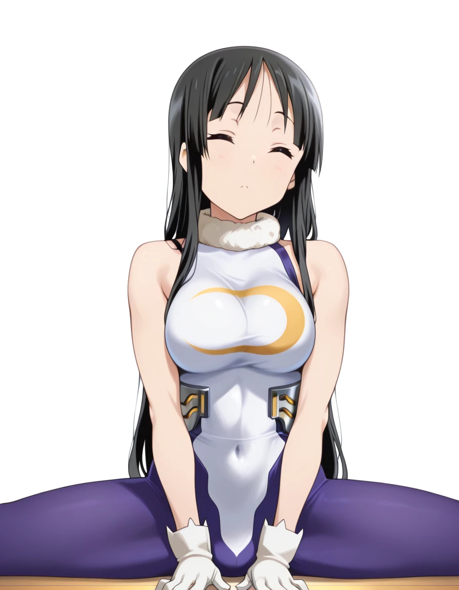 masterpiece, best quality, amazing quality,, <lora:mio-akiyama-s2-illustriousxl-lora-nochekaiser:1>, mio akiyama, akiyama mio, long hair, bangs, black hair, black eyes, hime cut, mature female, medium breasts, anime screencap, <lora:mirko-cosplay-illustriousxl-lora-nochekaiser:1>, mirko cosplay, mirko (cosplay), thighhighs, gloves, sleeveless, white gloves, leotard, turtleneck, highleg, highleg leotard, fur collar, sleeveless turtleneck, turtleneck leotard, sleeveless turtleneck leotard, crescent print,, <lora:side-sitting-split-illustriousxl-lora-nochekaiser:1>, side sitting split, sitting split, split, flexible, stretching, on floor, spread legs, yoga pants, sports bra, looking at viewer, navel, one_eye_closed, , <lora:transparent-background-illustriousxl-lora-nochekaiser:1>, transparent background, simple background, white background, ,