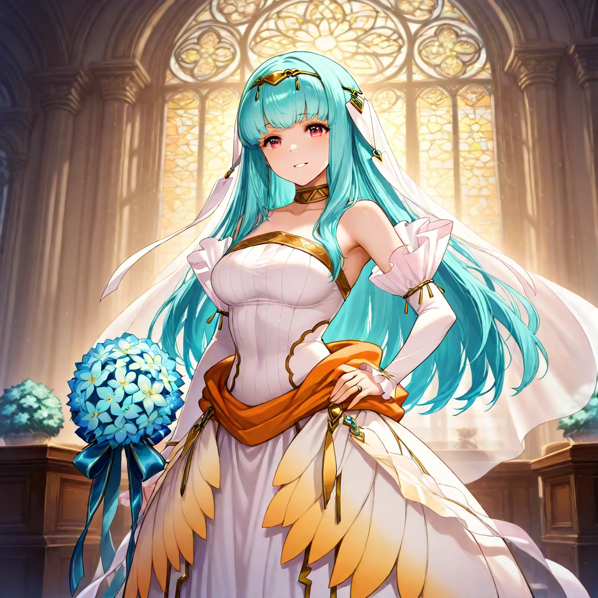 <lora:Hyper-SDXL-8steps-lora:.9>, (masterpiece),(best quality),(ultra-detailed),(best illustration),(absurdres),(detailed background),(very aesthetic), solo , <lora:Ninian-ILXL-10:1> ninian, ninibride, white clothes, bridal veil, wedding dress, bouquet, hand on hip, grin, in a chapel, stained glass windows, wedding ring