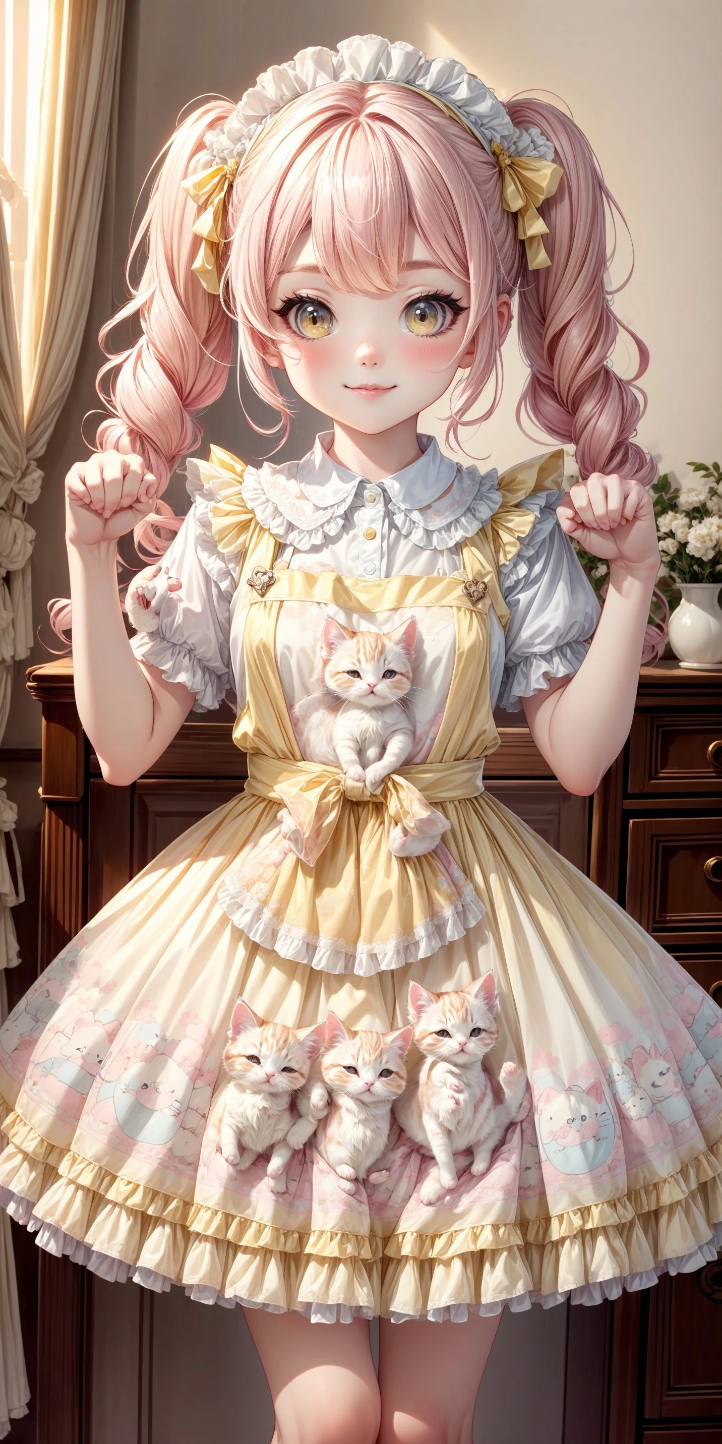 (front facing, facing viewer) 1girl, straight hair, long hair, twintails, smile, blush, ((paw pose)), pastel yellow white and pastel pink cute kitten and present print ta_dress, white and pastel yellow (peter pan collar), white buttoned lace-trimmed undershirt, light yellow lace-trimmed frilled bodice, white and pastel pink cute kitten applique, (white and pastel pink cute kitten applique attached to bodice), pastel yellow small thin ribbons, pastel yellow pompons attached to chest_ribbons, white lace-trimmed (puffy short sleeves), pastel yellow and white striped waist sash, cat print, pastel yellow white and pastel pink long attached cute kitten and present print dress_skirt, (cute kitten and present print on dress_skirt), light yellow and white striped hemline, yellow ((sheer organza pompon filled waist apron)), yellow apron, light yellow ruffles, white_frills, white lace, white ornate lace trim, <lora:more_details:0.7>, <lora:scene_:0.5>, <lora:FashionComplexityEnhancerLORAv1:0.4>, <lora:3fa442c2-99f3-44a5-ae5e-fd458f42edd4:0.6>, <lora:96073874-f082-4683-942e-601cecac5c40:0.3>, <lora:f7d08feb-f21d-42d0-9ef1-a9481867524d:0.3>, <lora:5844635f-c9c3-4f9e-85c4-d0d40f201159:0.3>, <lora:dde4416e-9f24-48d4-a965-d989baea5d73:0.2>, ,