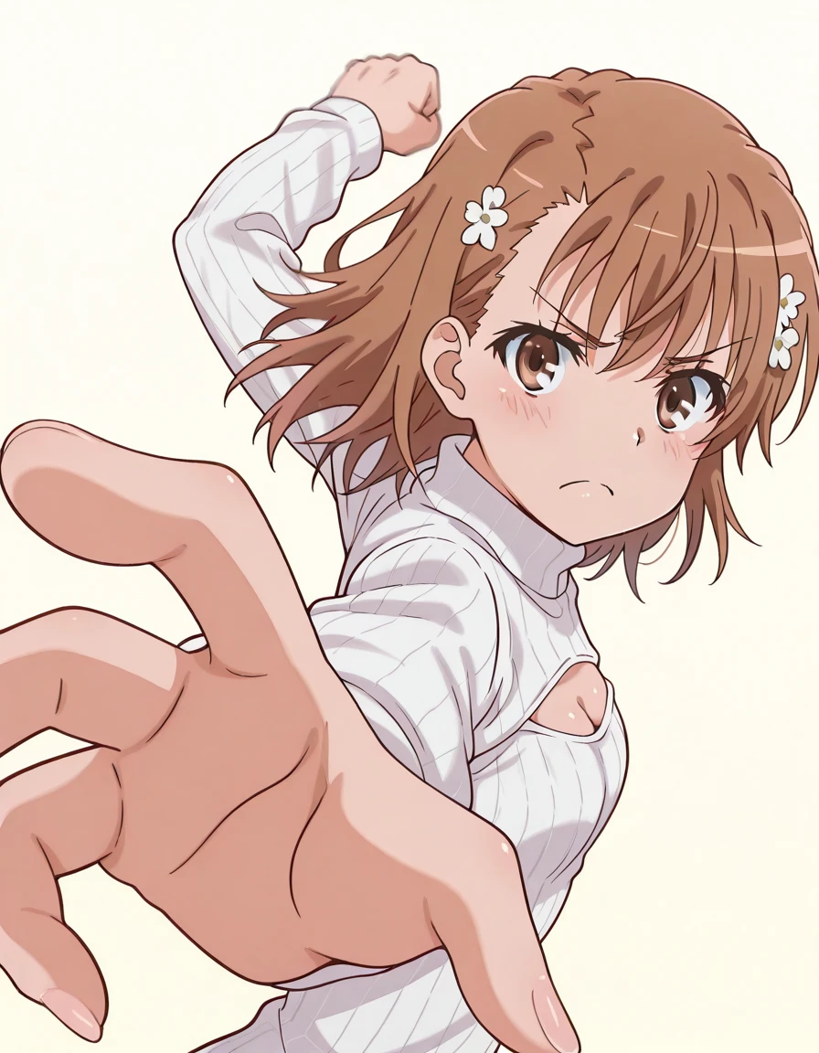 masterpiece, best quality, amazing quality,, <lora:mikoto-misaka-s3-illustriousxl-lora-nochekaiser:1>, mikoto misaka, short hair, brown hair, hair ornament, hair flower, brown eyes, mature female, small breasts, anime screencap, <lora:open-chest-sweater-illustriousxl-lora-nochekaiser:1>, open-chest sweater, ribbed sweater, cleavage cutout, meme attire, clothing cutout, turtleneck, sweater dress, cleavage,, <lora:pepe-punch-illustriousxl-lora-nochekaiser:1>, pepe punch, looking at viewer, blush, smile, simple background, closed mouth, clenched fist, foreshortening, punching, incoming punch, incoming attack, angry,shouting,furrowed_brow, , , ,