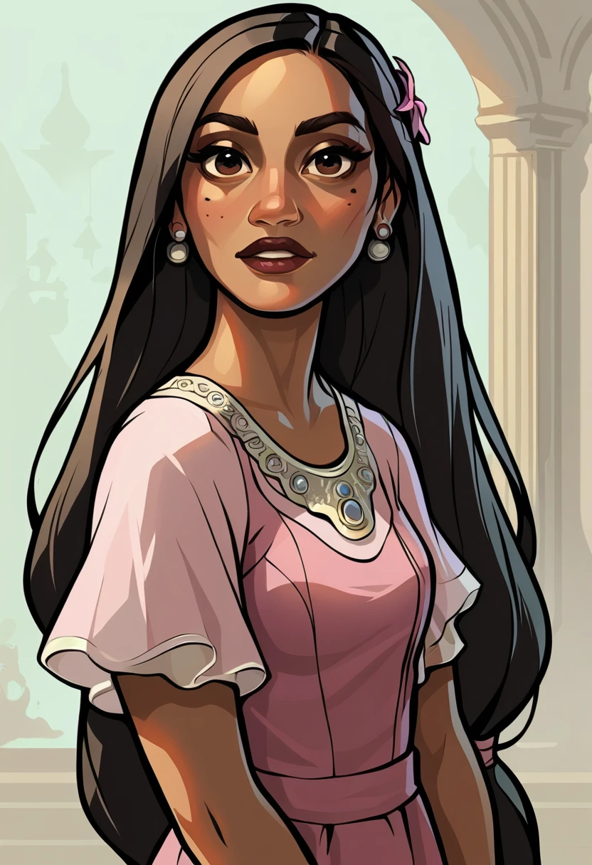 1girl, solo,  young woman, pink dress, black hair, looking at viewer, old mansion on backgrand, smilling, gta_sa_style   ,     <lora:Isabela_Madrigal:0.9> IsabelaUAI , <lora:GTA_SA_StylePonyV3B:0.8> gta_sa_style, score_9, score_8_up, score_7_up,