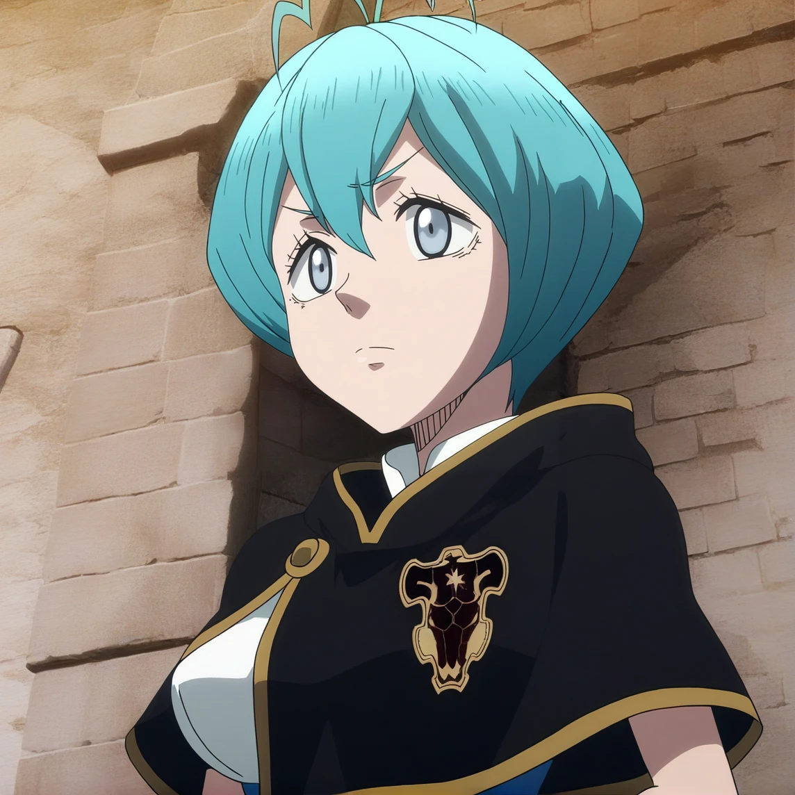 sharp focus, pixiv masterpiece, source_anime, score_9, score_8_up, score_7_up, absurd res, high res
<lora:Grey_blackclover_IL_v36-000015:1>, anime_screencap, grey_bc, 1girl, solo, grey-blue_eyes, cyan_hair, short_hair, antenna_hair, black_capelet, sleeveless_shirt, upper body, (detailed_emblem, star_on_emblem:1.2)