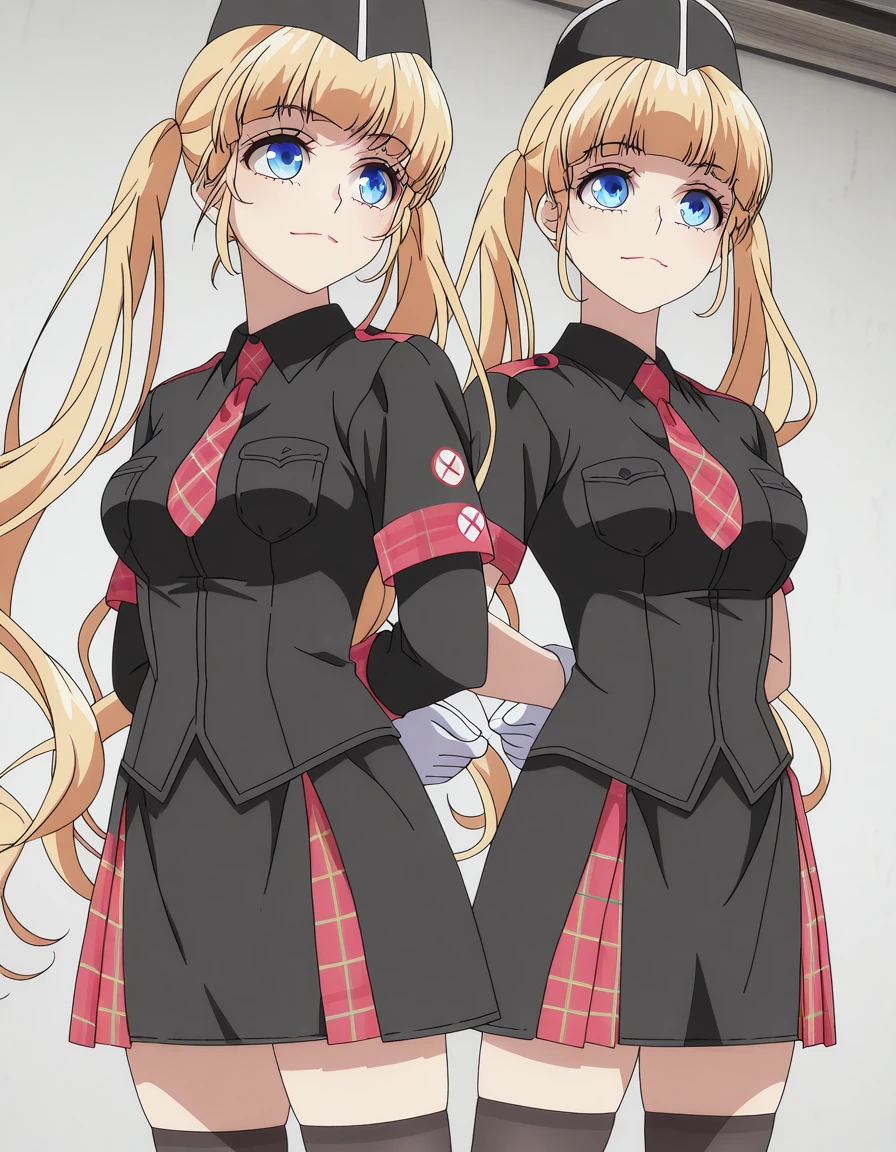 masterpiece, best quality, amazing quality,, <lora:sena-narumi-s1-illustriousxl-lora-nochekaiser:1>, sena narumi, long hair, blue eyes, blonde hair, twintails, mature female, medium breasts, anime screencap, <lora:healer-u-armor-illustriousxl-lora-nochekaiser:1>, healer u armor, garrison cap, gloves, hat, healer u (armor), military, military uniform, necktie, nurse, skirt, thighhighs, white gloves, zettai ryouiki, plaid,, <lora:kung-fu-illustriousxl-lora-nochekaiser:1>, kung fu, martial arts, training, fighting stance, cowboy shot, hands behind back, ,
