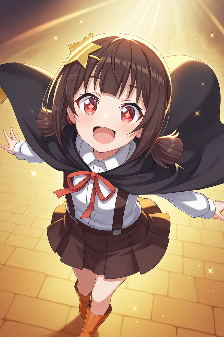 masterpiece, best quality, amazing quality, absurdres, particles of light, front shot cinematic angle, detailed, various angles, detailed background, beautiful background, (rays light:1.0), (highly detailed), masterpiece, best quality, amazing quality, BREAK Komekko-Liver020, solo, 1girl, hair ornament, star hair ornament, red eyes, short hair, brown hair, twintails, star (symbol), bangs, cape, short twintails, brown skirt, suspenders, suspender skirt, orange boots, black cape, star hair ornament, blunt bangs, collared shirt, long cape, short twintails, orange boots, pleated skirt, hairclip, smile, open mouth, KonosubaFantasticDays-Liver020