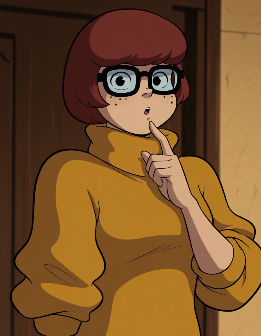 score_9, score_8_up, score_7_up, source_anime BREAK 1girl, VelmaXL, 1girl, solo, short hair, brown hair, shirt, glasses, socks, sweater, knee highs, turtleneck, freckles, orange shirt, orange sweater, full view, brown eyes, large breasts, huge breasts, skirtless, white panties, looking down