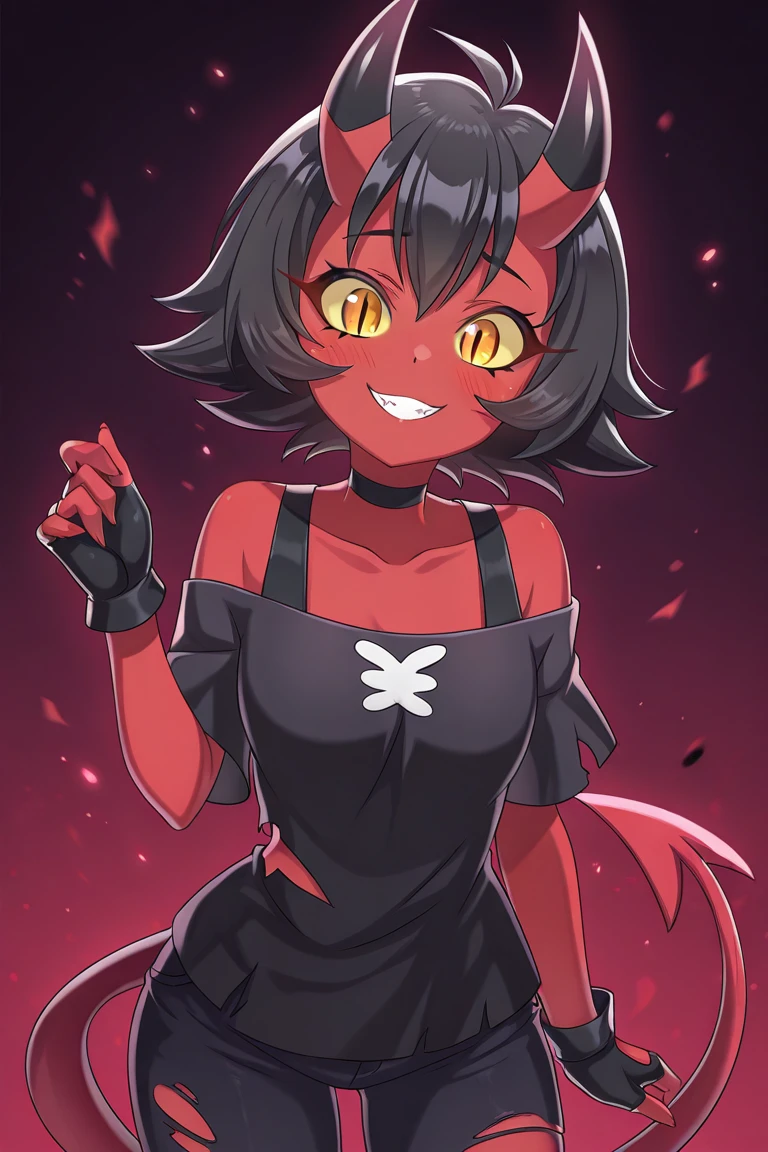 masterpiece,best quality,amazing quality, KonosubaFantasticDays-Liver020, 1girl,millie \(helluva boss\),black hair, short hair,red skin,yellow sclera, slit pupils,horns,demon tail,torn clothes,off-shoulder shirt,fingerless gloves,smile