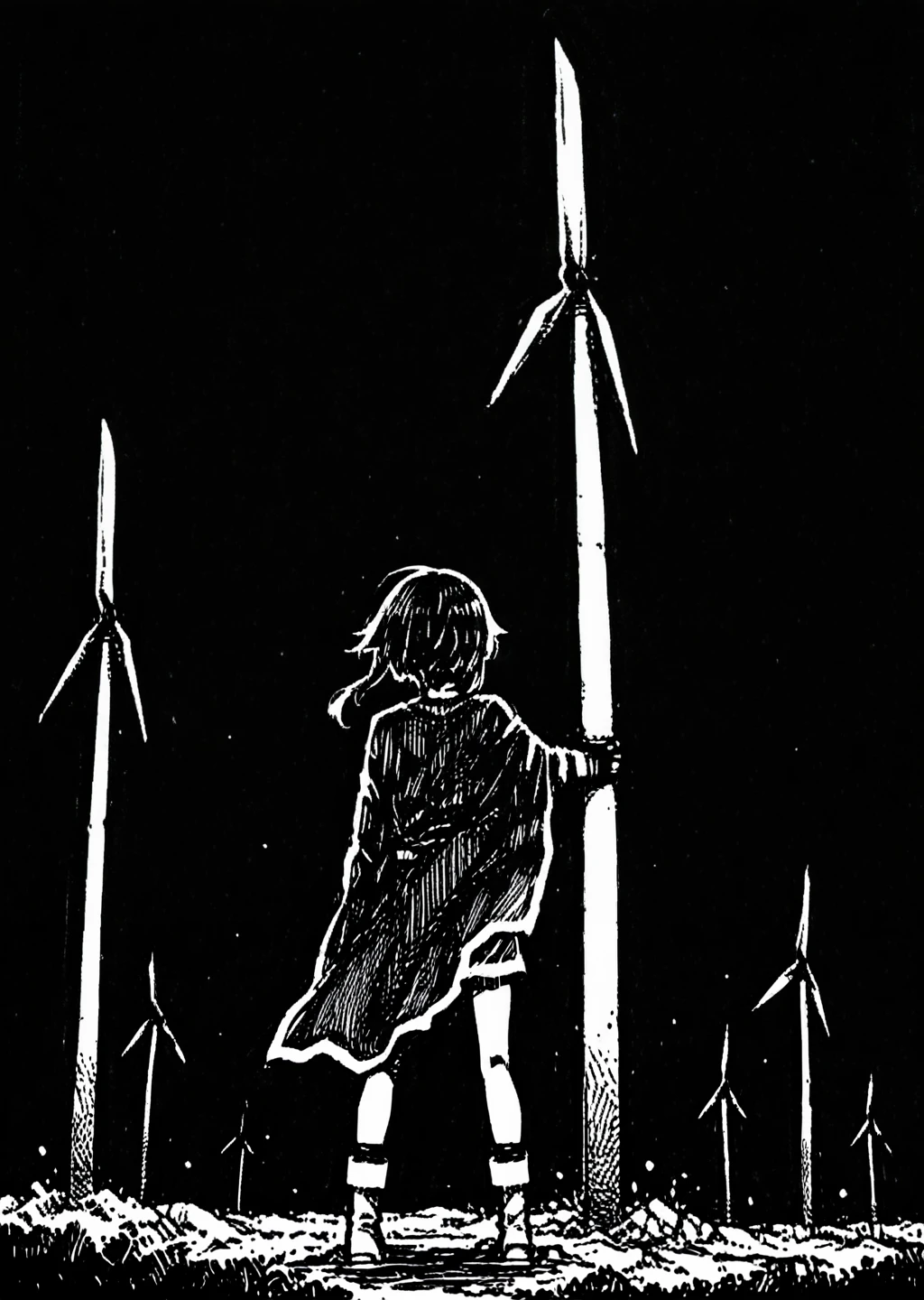 megumin_\(konosuba\), masterpiece, very aesthetic, 1girl, hatching on background, , full body shot,Forced Perspective,Wind turbine,fun,Pensive pose,short lighting,black background