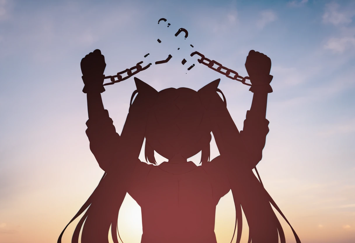 <lora:man_breaking_chain_meme-20:1> m6bch, silhouette, cloud, arms up, broken chain, sky, sun, from behind, upper body, chain, <lora:39neko:1> hmmnt, twintails, very long hair, hair ornament, sidelocks, shirt, collared shirt, sleeves past wrists, bridal garter, single strap, frills, cuffs, chained