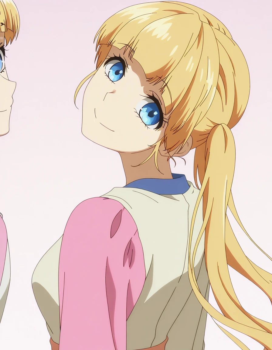 masterpiece, best quality, amazing quality,, <lora:sena-narumi-s1-illustriousxl-lora-nochekaiser:1>, sena narumi, long hair, blue eyes, blonde hair, twintails, mature female, medium breasts, anime screencap, <lora:shaft-look-illustriousxl-lora-nochekaiser:1>, shaft look, looking back, from behind, head tilt, upper body, smile,, ,