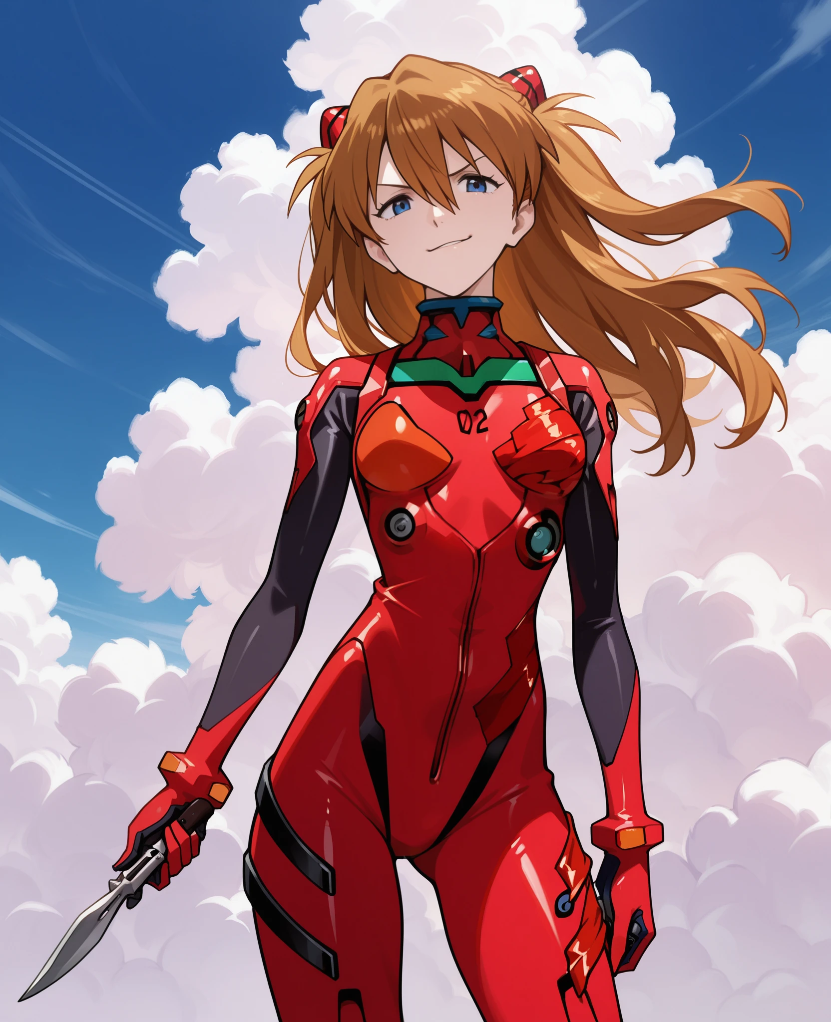 detailed, masterpiece, shikinami asuka langley, smirk, holding balisong, looking at viewer, red pilot suit,  blue sky, fluffy clouds