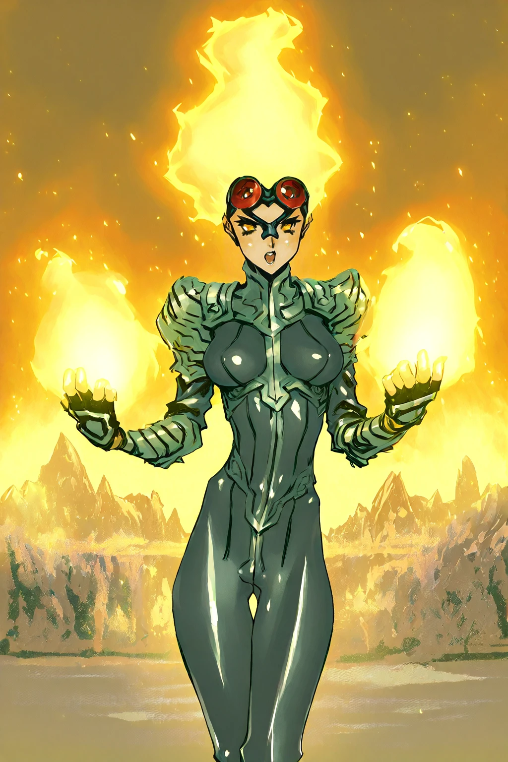 ((masterpiece,best quality)), absurdres,
<lora:Twinrova:0.8>, Twinrova, fire hair, ice hair, twintails, green skin, white pants, yellow eyes,
smug, cowboy shot, looking at viewer,
dynamic pose, contrapposto,
cinematic composition,