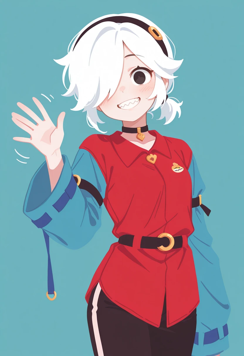 masterpiece, best quality, very aesthetic, absurdres, simple background, blue background,
BREAK 1girl, solo, coletteBS, white hair, short hair, small ponytail, hair band, hair covering one eye, choker, sharped teeth, black eyes, red shirt, blue sleeves, long sleeves, curved body, black pants, smile, flat color, waving,
BREAK <lora:Colette_Brawl_Stars__Illustrious:1>, <lora:Smooth_Booster_v2:0.25>, good hand, <lora:illustrious_flat_color_v2:1>