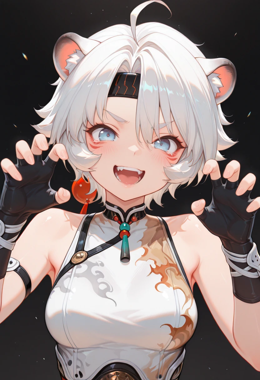 masterpiece, best quality, amazing quality, very aesthetic, high resolution, ultra-detailed, absurdres,
lingyang, gloves, solo, 1girl, fingerless gloves, headband, looking at viewer, open mouth, black gloves, fangs, grey eyes, claw pose, short hair, upper body, smile, ahoge, bare shoulders, sleeveless