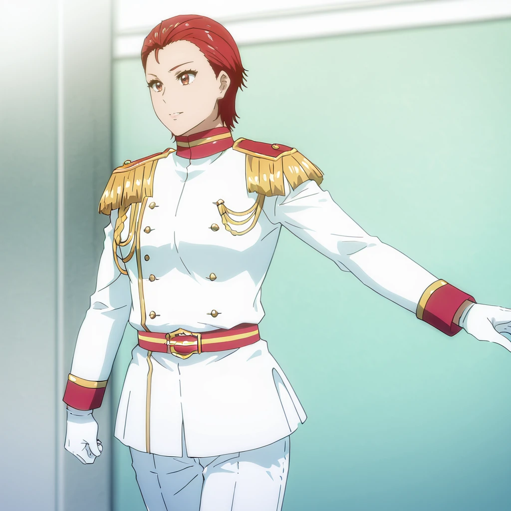 <lora:Tomo_illustrious_v1:1>TomoPrince, epaulettes, red hair, white gloves, short hair, uniform, brown eyes, pants, cowboy shot