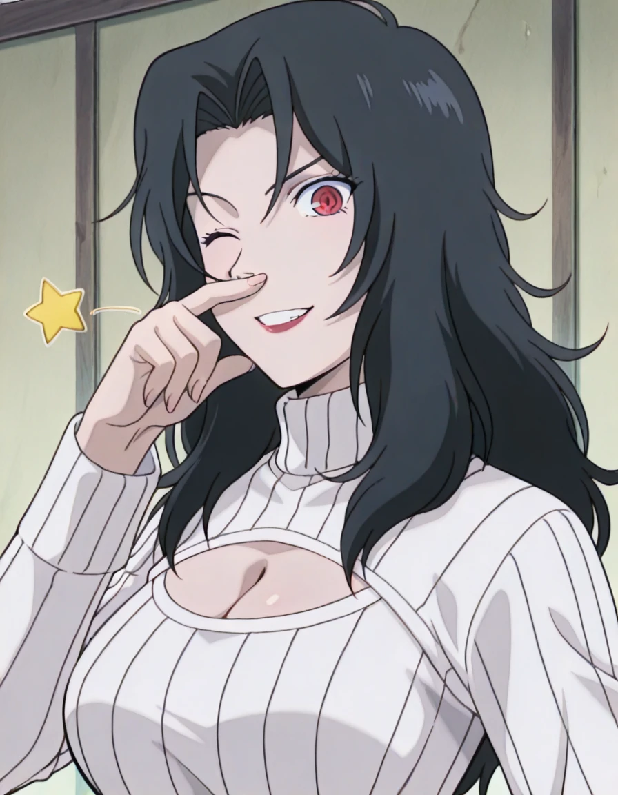 masterpiece, best quality, amazing quality,, <lora:kurenai-yuhi-s1s2-illustriousxl-lora-nochekaiser:1>, kurenai yuhi, yuuhi kurenai, long hair, black hair, red eyes, parted bangs, mature female, breasts, anime screencap, <lora:open-chest-sweater-illustriousxl-lora-nochekaiser:1>, open-chest sweater, ribbed sweater, cleavage cutout, meme attire, clothing cutout, turtleneck, sweater dress, cleavage,, <lora:rubbing-nose-illustriousxl-lora-nochekaiser:1>, rubbing nose, looking at viewer, smile, one eye closed, hand up, teeth, star (symbol),, slit_pupils, , , ,