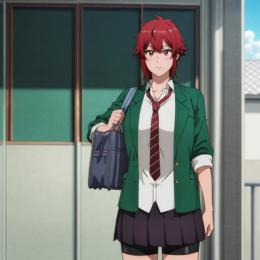 <lora:Tomo_illustrious_v1:1>TomoHoldingBag, school uniform, red hair, pleated skirt, red necktie, short hair, school bag, green jacket, bike shorts, 1girl, red eyes, shorts under skirt, shirt, cowboy shot