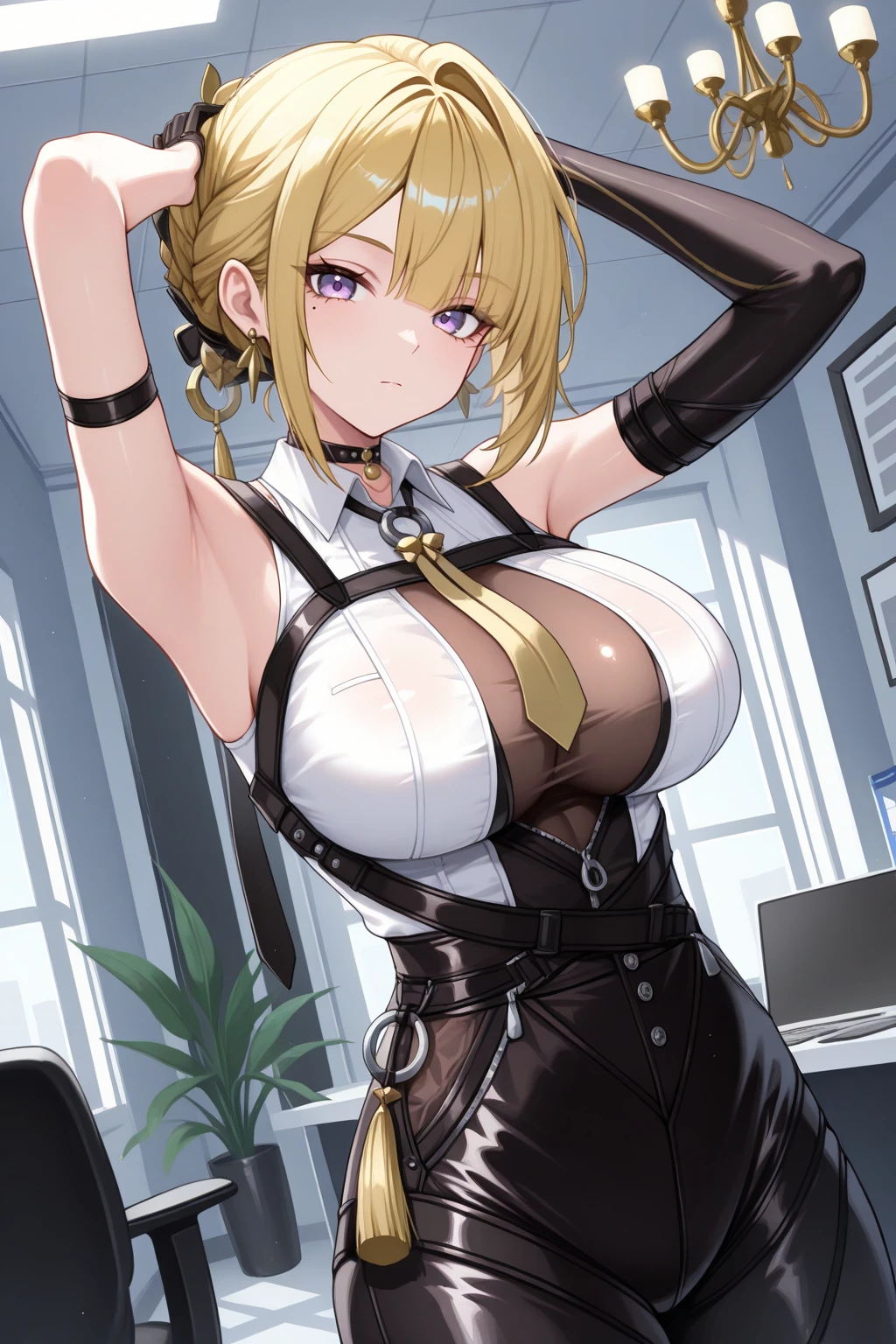 Masterpiece, Best quality, Tank uniform，tanks， Huge breasts，Short hair，Yellow hair，Blackening，evil，