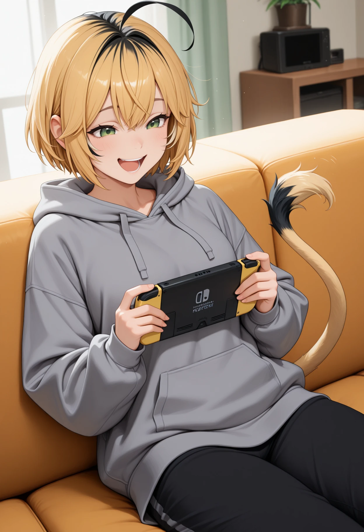 masterpiece, best quality, 1girl, solo, D00by, green eyes, multicolored hair, blonde hair, black hair, short hair, ahoge, tail, grey hoodie, black sweatpants, indoors, sitting, on couch, laughing, open mouth, holding handheld game console, happy, smile, <lora:ChamDoobyNoob:1>