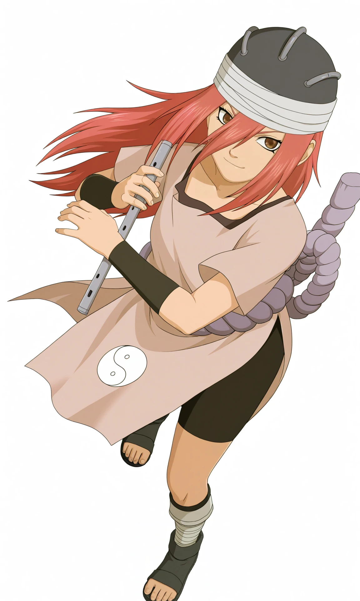 masterpiece, best quality, game cg,
dynamic pose,
(from above), holding, flute, playing instrument, close-up, dutch angle,
tyyns, 1girl, solo, looking at viewer, brown eyes, helmet, hair between eyes,long hair,
tunic, symbol, ying yang,
arm warmers, rope,
bike shorts, bandaged leg,
toeless footwear,
serious, smile, smirk, closed mouth,
white background, simple background,
<lora:Naruto_Tayuya_NAIXL:1>
