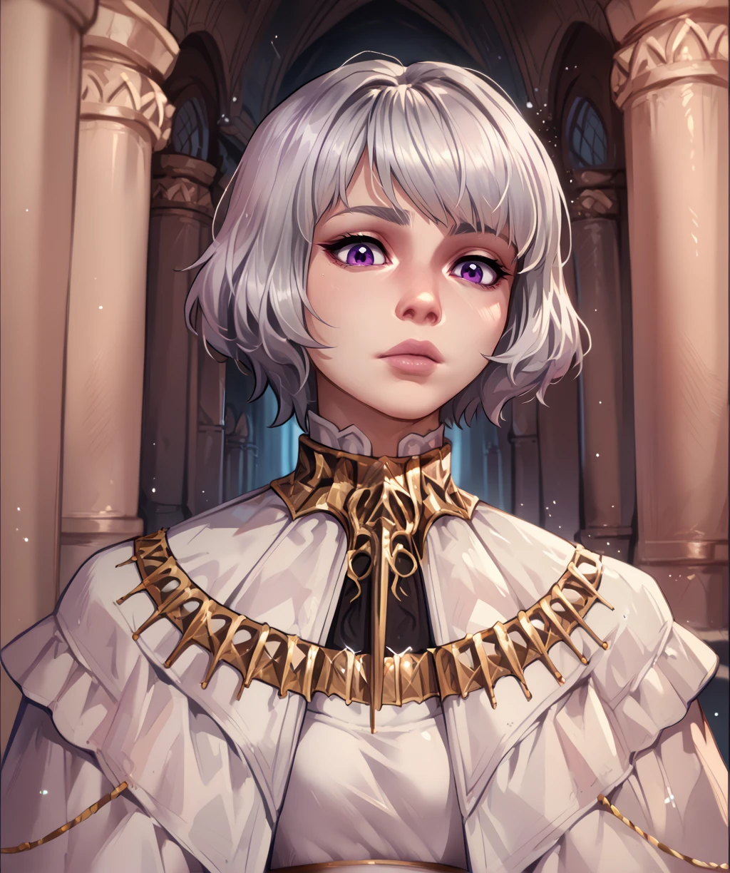 score_9, score_8_up, score_7_up, score_6_up, score_5_up, score_4_up,
gwyndlnxl, grey hair, short hair, purple eyes,
gold jewelry, white dress, capelet, pink lips,
upper body,
indoors, cathedral, dusk,
<lora:GwyndolinDSXL:1>,