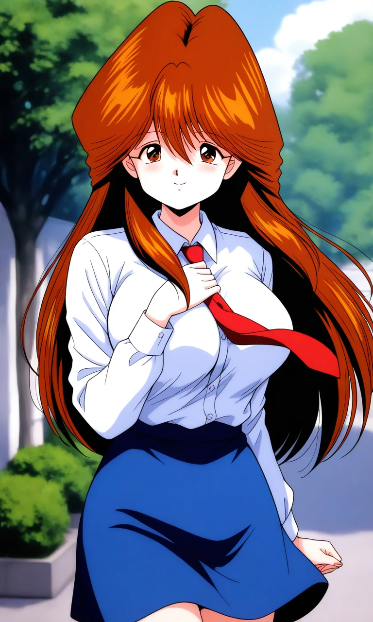 general,highres, ultra-detailed,very aesthetic,best quality , BREAK <lora:Kawai_Iyona_magical_taruruuto-kun_Ver2.0_IS:1>
Kawai_Iyona, 1girl, solo, long hair, brown hair, brown eyes, bangs, large breasts, hair between eyes,
smile,  red necktie, blue skirt, smile, shirt, long sleeves, looking at viewer, white shirt, 
cowboy_Shot, collared shirt, hand on own chest, outdoor, day,