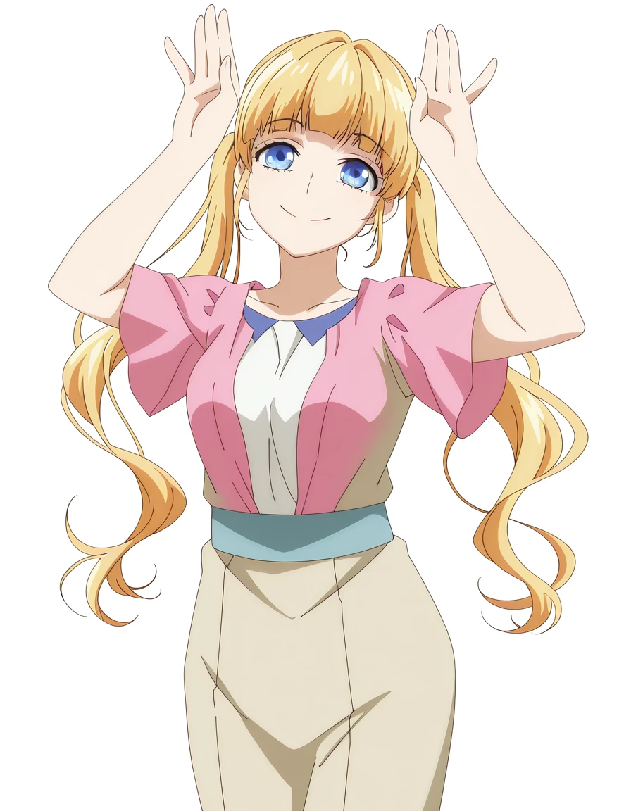 masterpiece, best quality, amazing quality,, <lora:sena-narumi-s1-illustriousxl-lora-nochekaiser:1>, sena narumi, long hair, blue eyes, blonde hair, twintails, mature female, medium breasts, anime screencap, <lora:rabbit-pose-illustriousxl-lora-nochekaiser:1>, rabbit pose, hands up, looking at viewer, smile, cowboy shot,, , <lora:transparent-background-illustriousxl-lora-nochekaiser:1>, transparent background, simple background, white background