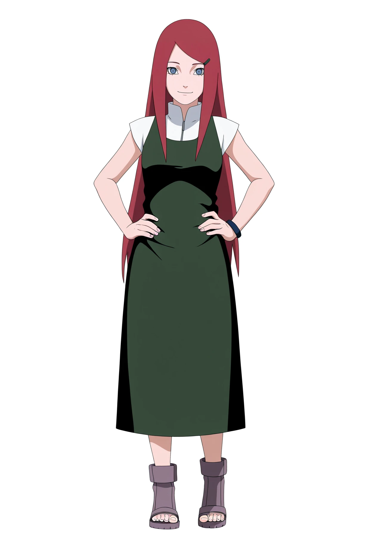 best quality, amazing quality, very aesthetic, absurdres,
1girl, kushina,  long hair, red hair, blue eyes,
apron, standing, hairclip, sandals, toeless boots, 
standing, full body, hands on hips,
smile, looking at viewer, simple background, white background,  <lora:KushinaUzumakiNoobXL_byKonan:1>