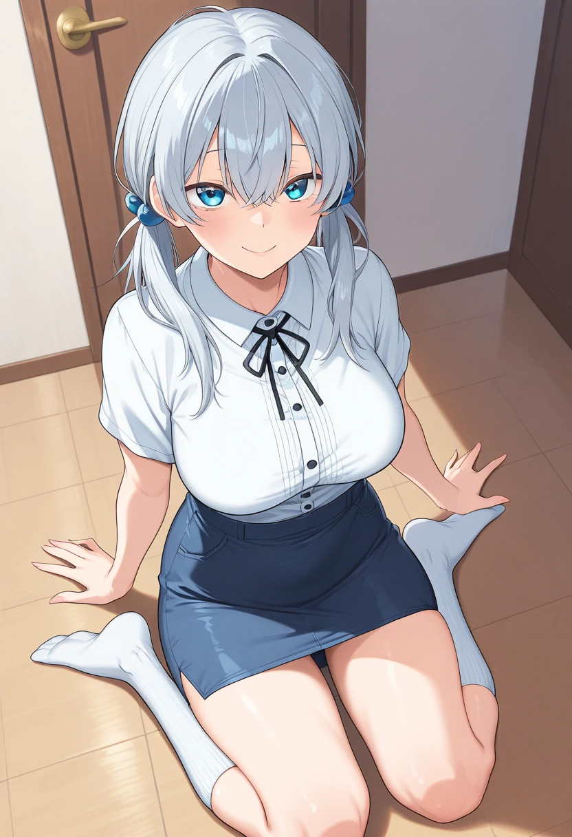 An illustration girl 18-year-old short bob super mini skirt blue eyes vest bust Too exposed Looks embarrassed Racy line constriction white hair sitting pants Erotic