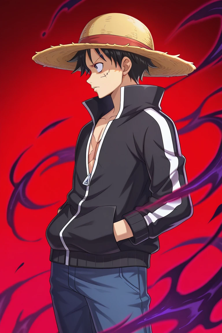 masterpiece,best quality,amazing quality, KonosubaFantasticDays-Liver020, standing, hands in pockets, solo, black jacket, gradient, gradient background, profile, black hair, dark aura, 1boy, 1hat, male focus, scar on face, straw hat, red background, monkey d. luffy , sinozick style, flat color,masterpiece,best quality,amazing quality,very aesthetic,absurdres,newest