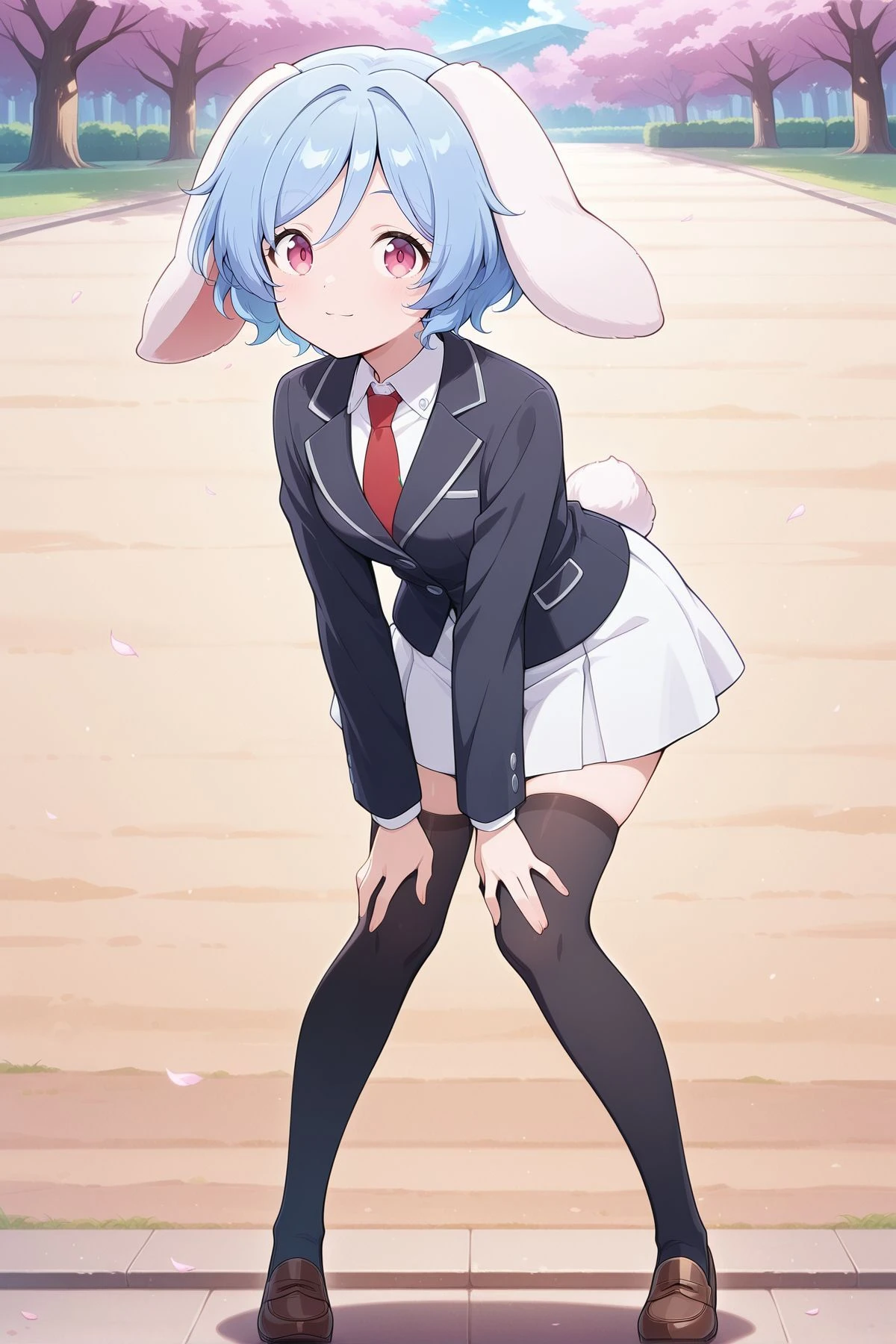 absurdres, highres, masterpiece, best quality, amazing quality, official anime artwork, screencap, anime screencap, outdoors, looking at viewer, light smile, dynamic pose,
<lora:Rei'sen_Illustrious:1> rei'sen, 1girl, solo, pink eyes, blue hair, short hair, rabbit ears, floppy ears, rabbit tail,, red necktie, black jacket, blazer, long sleeves, white shirt, collared shirt, white skirt, black thighhighs, brown shoes,