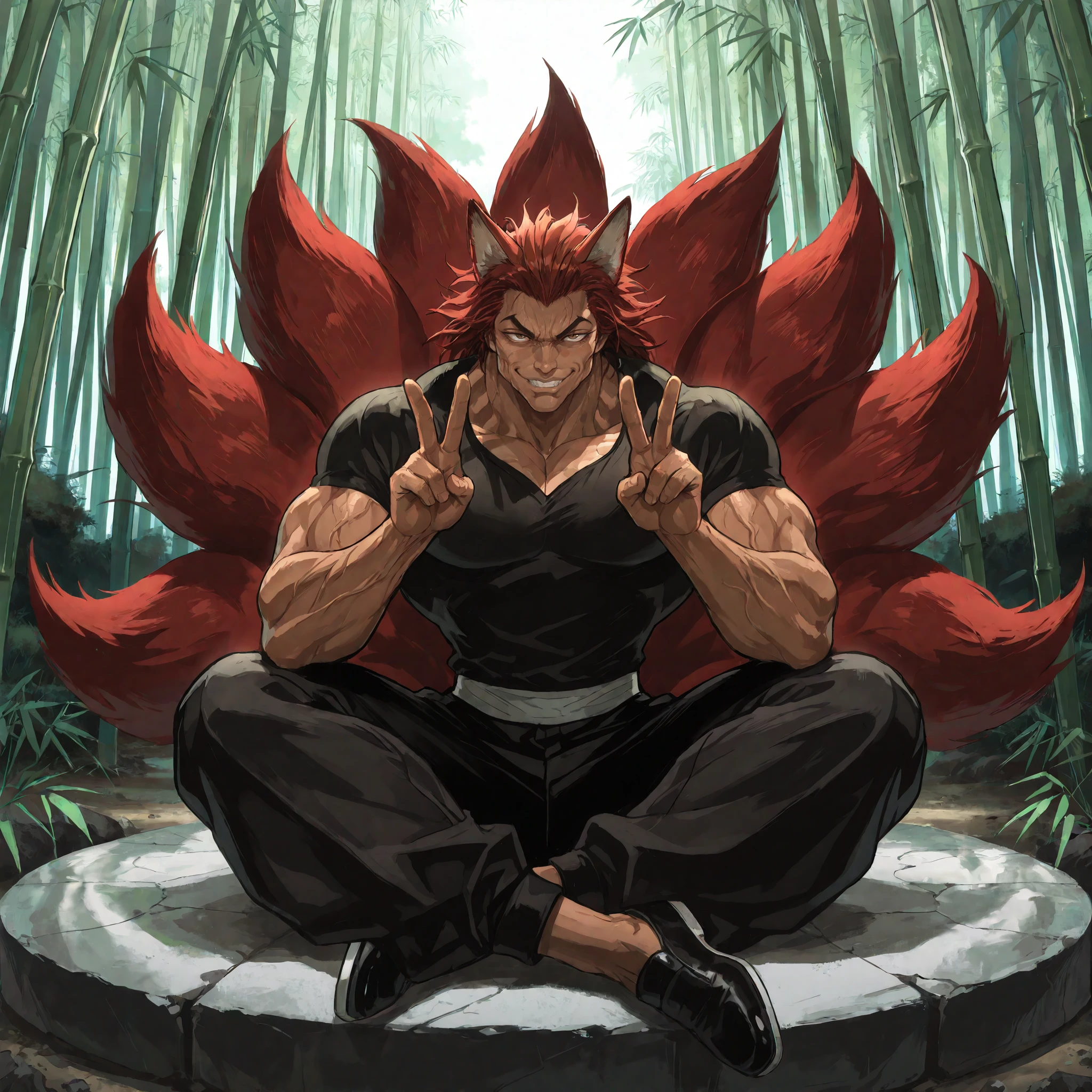 masterpiece, best quality,newest, amazing_quality,<lora:spo_sdxl_10ep_4k-data_lora_webui:1> <lora:NOOB_vp1_detailer_by_volnovik_v1:1>1boy, solo, Yujiro_Hanma, male focus, black shirt, muscular male, (dark_skin:1.2),red hair, manly, black pants, black footwear, veins, manly,brown eyes, pupils, ((very muscular, very toned:1.2)),bad proportions,looking at viewer, from front,full body,straight-on,pupils, brown eyes, <lora:Char-Yujiro_Hanma-IllustriousV3:.8>crossed legs, sitting, bamboo forest, fox ears, kitsune, fox_tails, multiple_tails, double v, sitting_on_rock, looking at viewer, ((9_tails:1.2)),many tails, very serious, hunched over,smug, smirk, evil grin, happy, red tails,