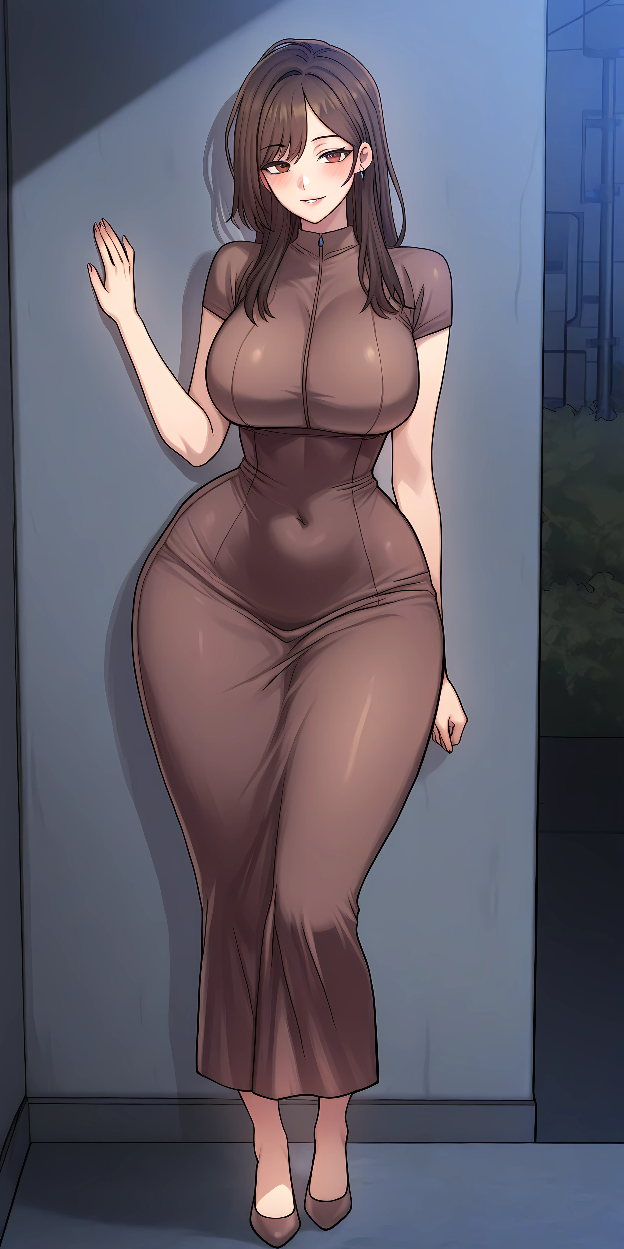 Beautiful woman with mid straight wavy black hair with brown eyes wearing a Mock Neck Cut Out Dress, Sexy Criss Cross Mock Neck Dress With Short Sleeves, luxurious jewelry and luxurious necklace, rimless glasses, high heel shoes, standing in her office room at night, (caucasian skin), (light brown lipstick), (elegant mascara), (slim body with abs), (small breasts), (wide hips), midjourney, <lora:GoodHands-, <lora:GoodLegs-, UHD, high resolution, (masterpiece:1.9, best quality), (expressive eyes, perfect face, full body, expressive face, perfect body, perfect pussy, athletic, fit, slim body, blushing, Perfect makeup, eyeliner, beautiful eyelashes, smiling, horny face), ((best illumination, best shadows)), ((sexy pose))