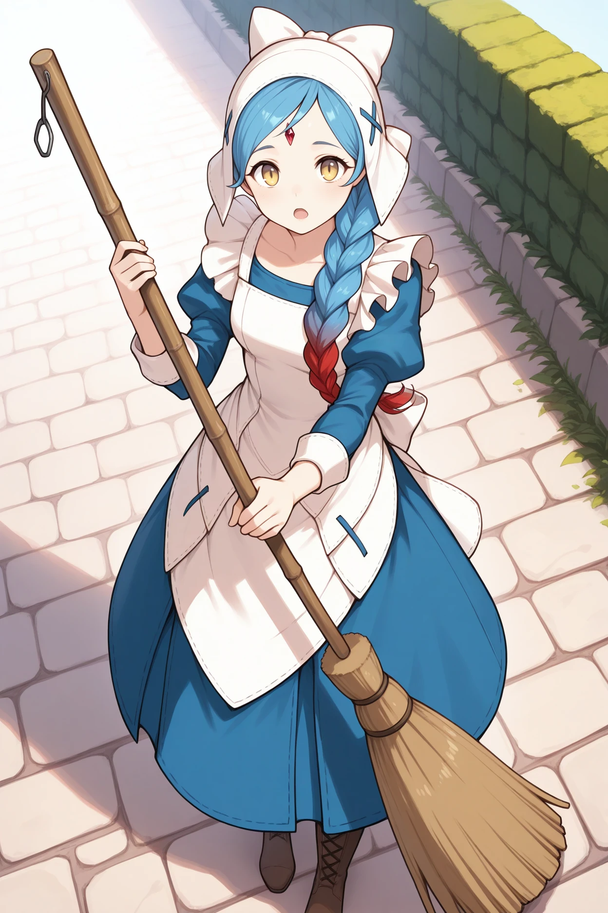 masterpiece, best quality, 1girl, solo, <lora:felilith-illu-nvwls-v1-000006:1> fellth, blue hair, long hair, multicolored hair, single braid, yellow eyes, forehead jewel, white bonnet, frilled apron, white apron, blue dress, Juliet sleeves, brown boots, lace-up boots, holding broom, cobblestones, looking at viewer, hedges, full body, standing, open mouth, blue sky, from above