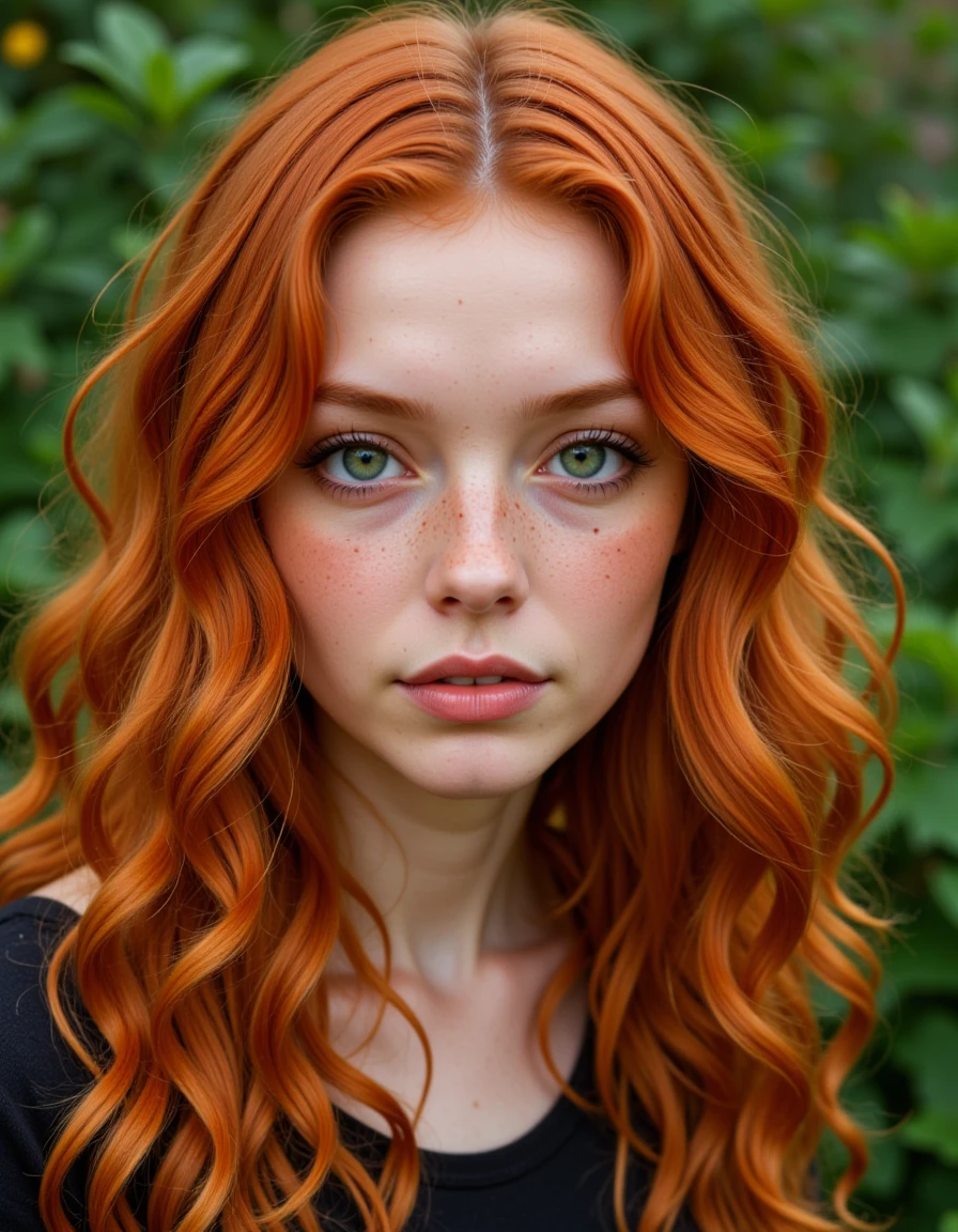 <lora:Gingerella_-_OC_For_Flux:0.8> an oil based painting of g1ng3r3ll4_flux woman with ginger hair that is long and wavy, olive green eyes, and freckles, the background is green themed nature,