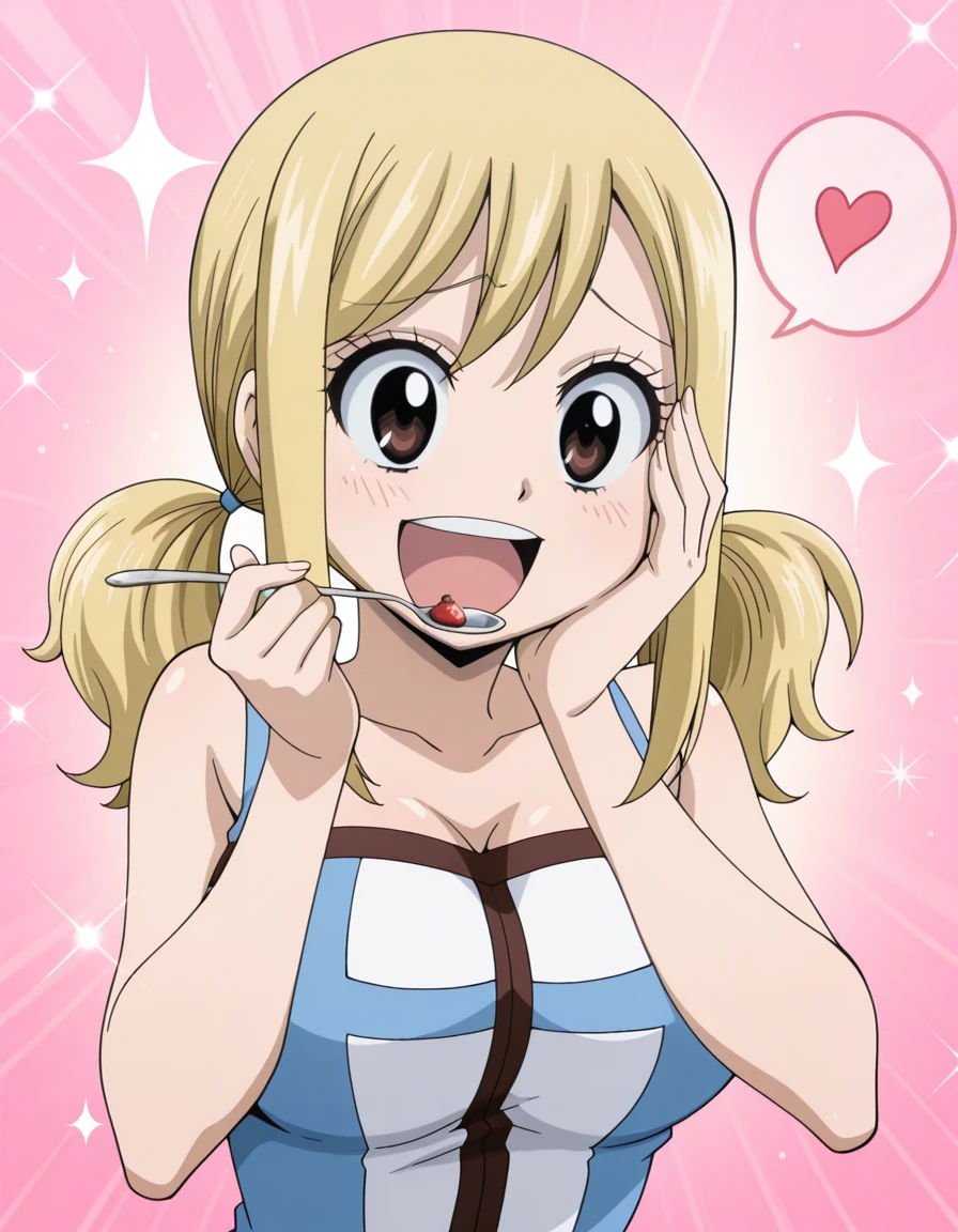 masterpiece, best quality, amazing quality,, <lora:lucy-heartfilia-s1s3s7-illustriousxl-lora-nochekaiser:1>, lucy heartfilia, twintails, low twintails, sidelocks, blonde hair, brown eyes, long hair, mature female, breasts, anime screencap, <lora:parfait-illustriousxl-lora-nochekaiser:1>, parfait, open mouth, heart, food, sparkle, fruit, happy, hand on own face, spoken heart, ice cream, strawberry, spoon, hand on own cheek, cherry, holding spoon, , ,