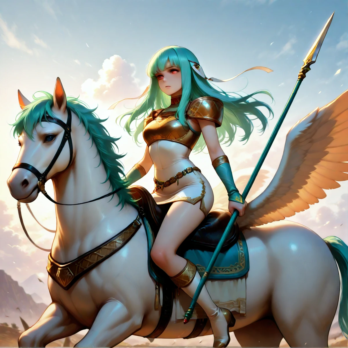 <lora:Hyper-SDXL-8steps-lora:.9>, (masterpiece),(best quality),(ultra-detailed),(best illustration),(absurdres),(detailed background),(very aesthetic),  solo , <lora:Ninian-ILXL-10:1> ninian, short white dress, breastplate, holding a spear, cloud background, on a pegasus, looking to side, determined, headband,  short skirt, long boots, saddle, wings, from front, frontal view