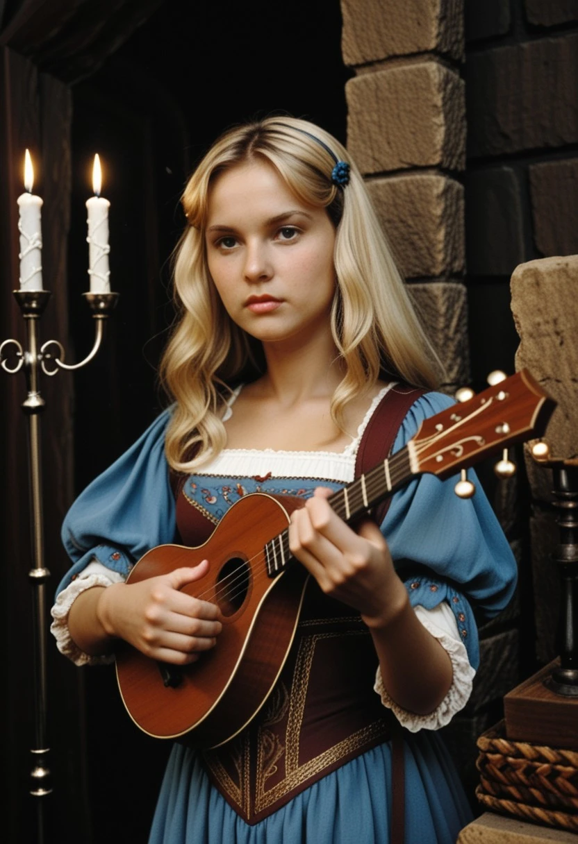 80s Fantasy Movie Still, The image shows a young woman with blonde hair wearing a medieval-style outfit with intricate details. She is holding a mandolin in her hands and appears to be playing it. The background is dark and there are two lit candles on either side of her. The woman has a serious expression on her face and is looking directly at the camera. The overall mood of the image is intense and dramatic.