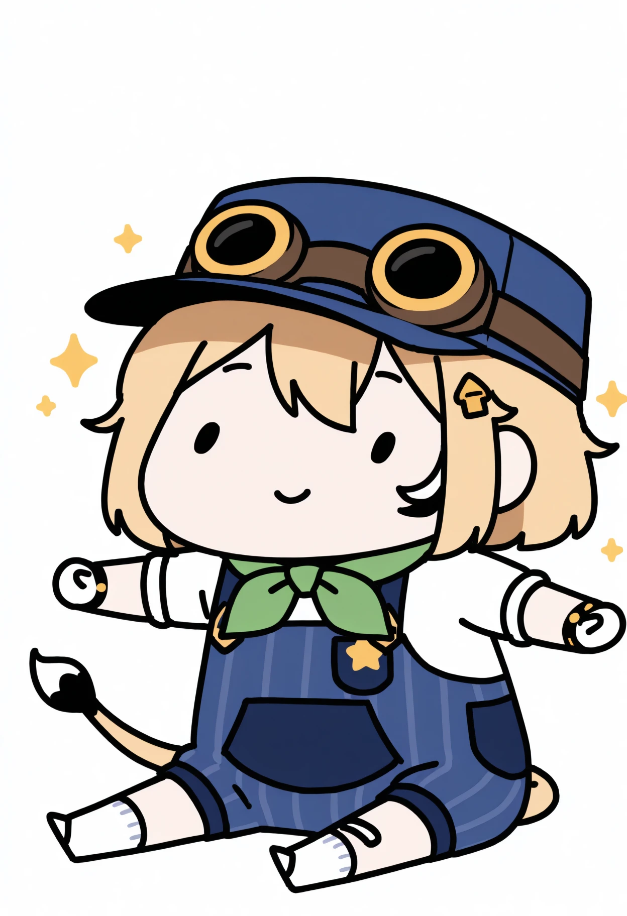 masterpiece, best quality, 1girl, solo, D00byDef, blonde hair, streaked sidelocks, black hair, short hair, hair ornament, blue hat, googles on headwear, green neckerchief, white shirt, sleeves rolled up, overall shorts, vertical-striped overalls, white gloves, bracelet, bandaid on knee, white socks, tail, sitting, on floor, smile, dot eyes, sparkles, spread arms, chibi, meme, thick lines, simple background, white background, <lora:style_walfie_illustriousXL-GLoRA:1>, <lora:ChamDoobyNoob:1>