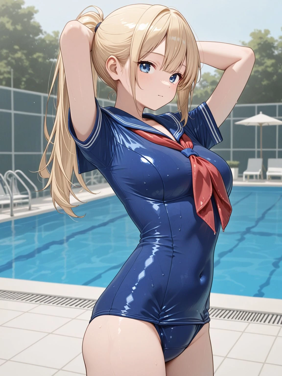 1girl,solo,<lora:Sailor_School_Swimsuit_Illustrious:0.8>,sailorsukumizu,swimsuit,one-piece swimsuit,blue one-piece swimsuit,school swimsuit,sailor collar,blue sailor collar,short sleeves,neckerchief,red neckerchief,blonde hair,ponytail,blue eyes,breasts,medium breasts,outdoors,pool,poolside,tile floor,standing,cowboy shot,arms up,arms behind head,looking at viewer,