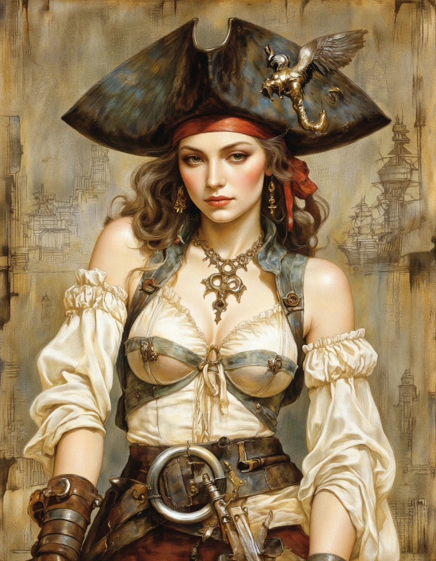 By Monstfactum.
A digital drawing featuring a solo focus, vintage illustration of a sexy female pirate, heroic fantasy