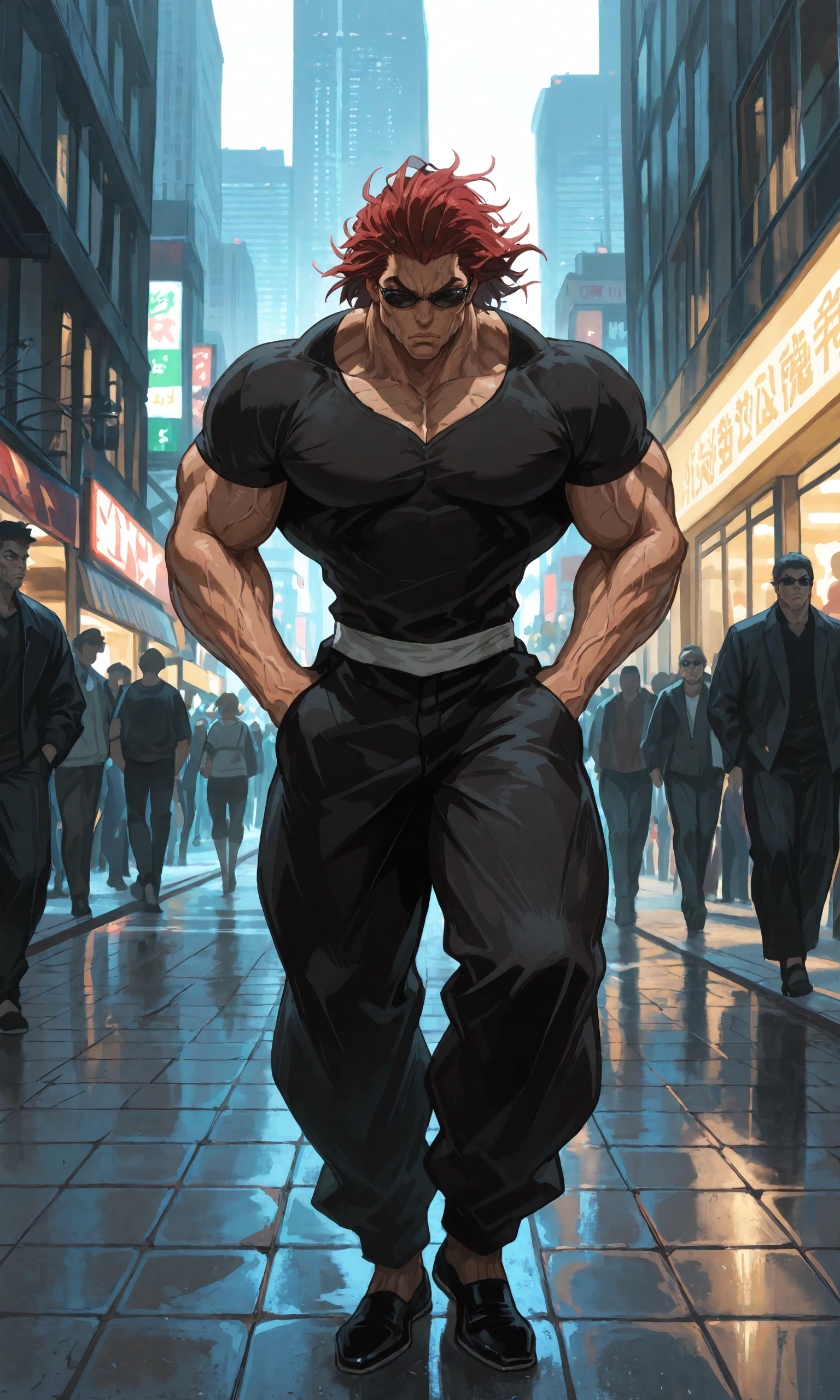masterpiece, best quality,newest, amazing_quality,<lora:spo_sdxl_10ep_4k-data_lora_webui:1> <lora:NOOB_vp1_detailer_by_volnovik_v1:1>1boy, solo, Yujiro_Hanma, male focus, black shirt, (dark_skin:1.2),red hair, manly, black pants, black footwear, veins, manly,((very muscular, very toned, muscular male:1.2)),bad proportions,from front,straight-on,<lora:Char-Yujiro_Hanma-IllustriousV3:.8>hands in pockets, expressionless, serious, walking, sidewalk, city, skyscraper, people, multiple girls, multiple_boys,crowd, (hunched over),black sunglasses,