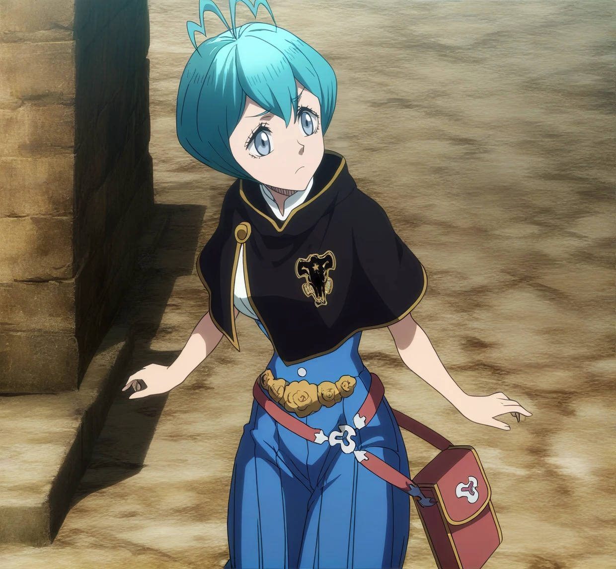 sharp focus, pixiv masterpiece, source_anime, score_9, absurd res, high res, anime_screencap,
<lora:Grey_blackclover_IL_v36-000015:1>, grey_bc, 1girl, solo, grey-blue_eyes, cyan_hair, short_hair, antenna_hair, black_capelet, sleeveless_shirt, high-waisted_pants, waist_flowers, metal_belt, pouch, standing, arms_at_sides, (simple background:1.1), blushing, wavy_mouth, star_on_emblem,