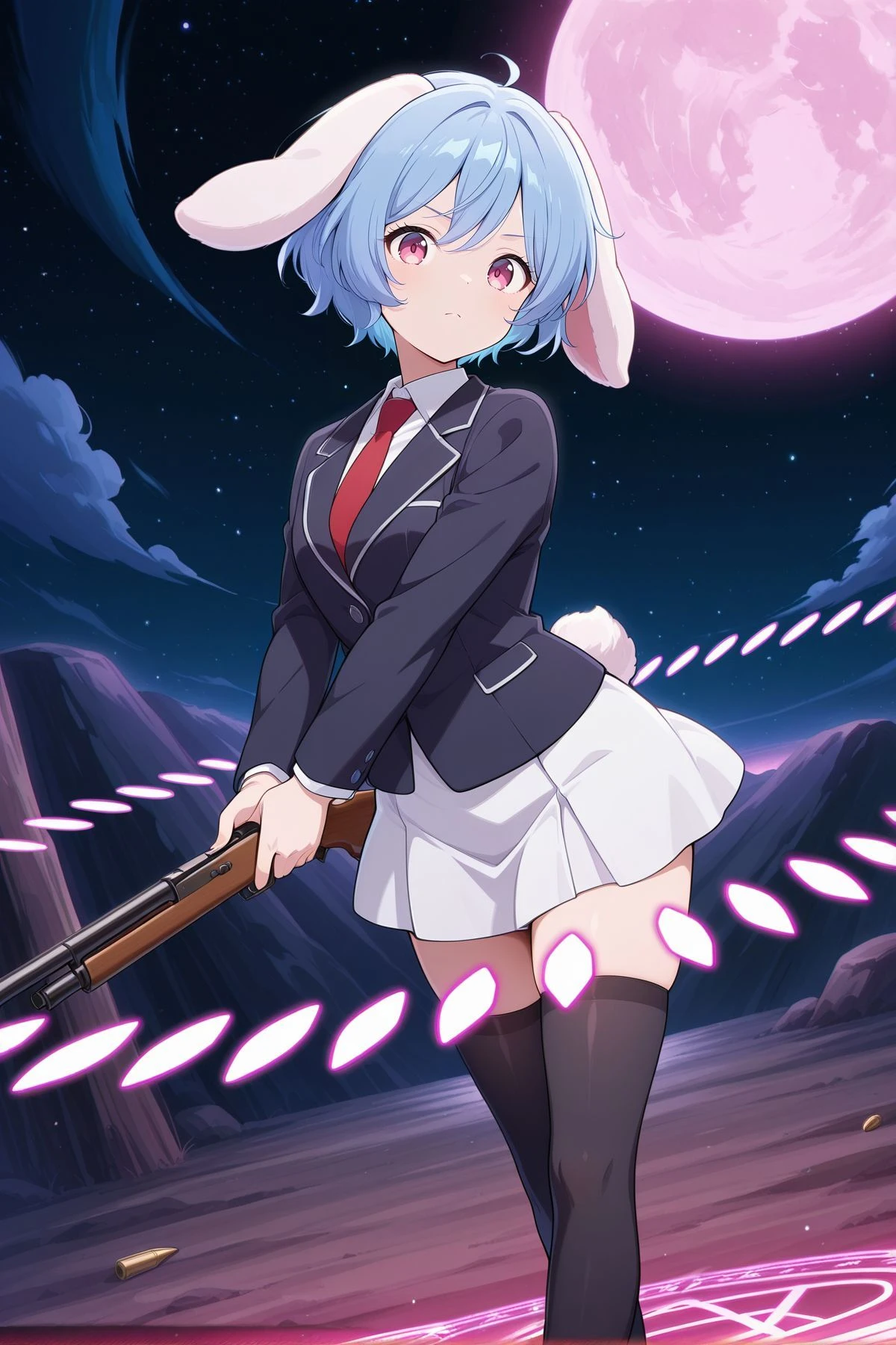 absurdres, highres, masterpiece, best quality, amazing quality, official anime artwork, screencap, anime screencap, outdoors, looking at viewer, dynamic pose, standing,
<lora:Rei'sen_Illustrious:1> rei'sen, 1girl, solo, pink eyes, blue hair, short hair, rabbit ears, floppy ears, rabbit tail,, red necktie, black jacket, blazer, long sleeves, white shirt, collared shirt, white skirt, black thighhighs, brown shoes, night, space, moon, full moon, (danmaku:1.6), starry sky, rifle, serious, magic circle, floating hair, bullet,