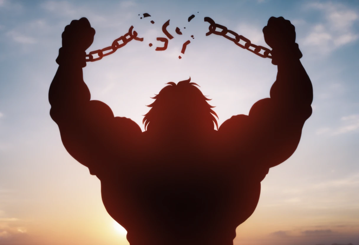 <lora:man_breaking_chain_meme-20:0.8> m6bch, silhouette, cloud, arms up, broken chain, sky, sun, from behind, cuffs, chained, upper body, 1boy, Yujiro Hanma, male focus, manly, veins, manly, very muscular, very toned, muscular male:1.2, <lora:Char-Yujiro_Hanma-IllustriousV3:1>