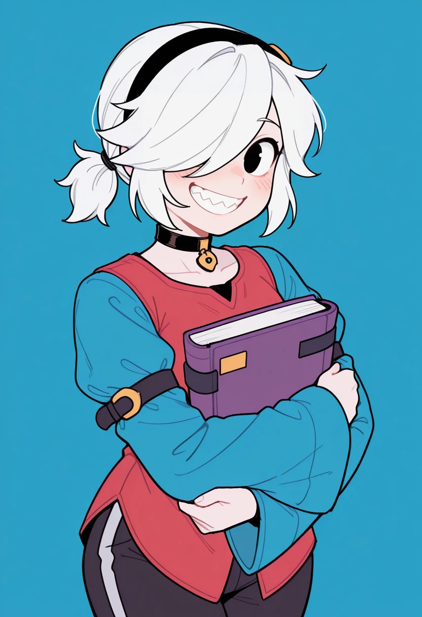 masterpiece, best quality, very aesthetic, absurdres, simple background, blue background,
BREAK 1girl, solo, coletteBS, white hair, short hair, small ponytail, hair band, hair covering one eye, choker, sharped teeth, black eyes, red shirt, blue sleeves, long sleeves, curved body, black pants, smile, flat color, holding a book, purple book,
BREAK <lora:Colette_Brawl_Stars__Illustrious:1>, <lora:Smooth_Booster_v2:0.25>, good hand, <lora:krekkov_style_ilxl_goofy:1>