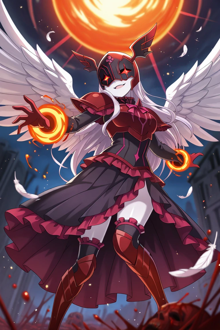 masterpiece,best quality,amazing quality, KonosubaFantasticDays-Liver020, red_power_armor_full_armor_long_skirt_pleated_skirt, Shalltear_Bloodfallen, looking_to_the_side, looking_up, solo, open_mouth, parted_lips, fang, light_smile, red_helmet, winged_helmet, white_feathers, red_pauldrons, red_breastplate, red_gauntlets, red_greaves, angel_wings, white_wings, feathered_wings, valkyrie, pale_skin, night, blurry_background, hybrid monstrosities, blood mist, post apocalyptic ruin, shattered mecha-corpses, vampiric crimson, necrotic black, neon-apocalyptic orange, dynamic pose, hellhound ferocity, combat intensity, blood splatter effects, blurry background,light particles,sunlight,energy particles,sunlight