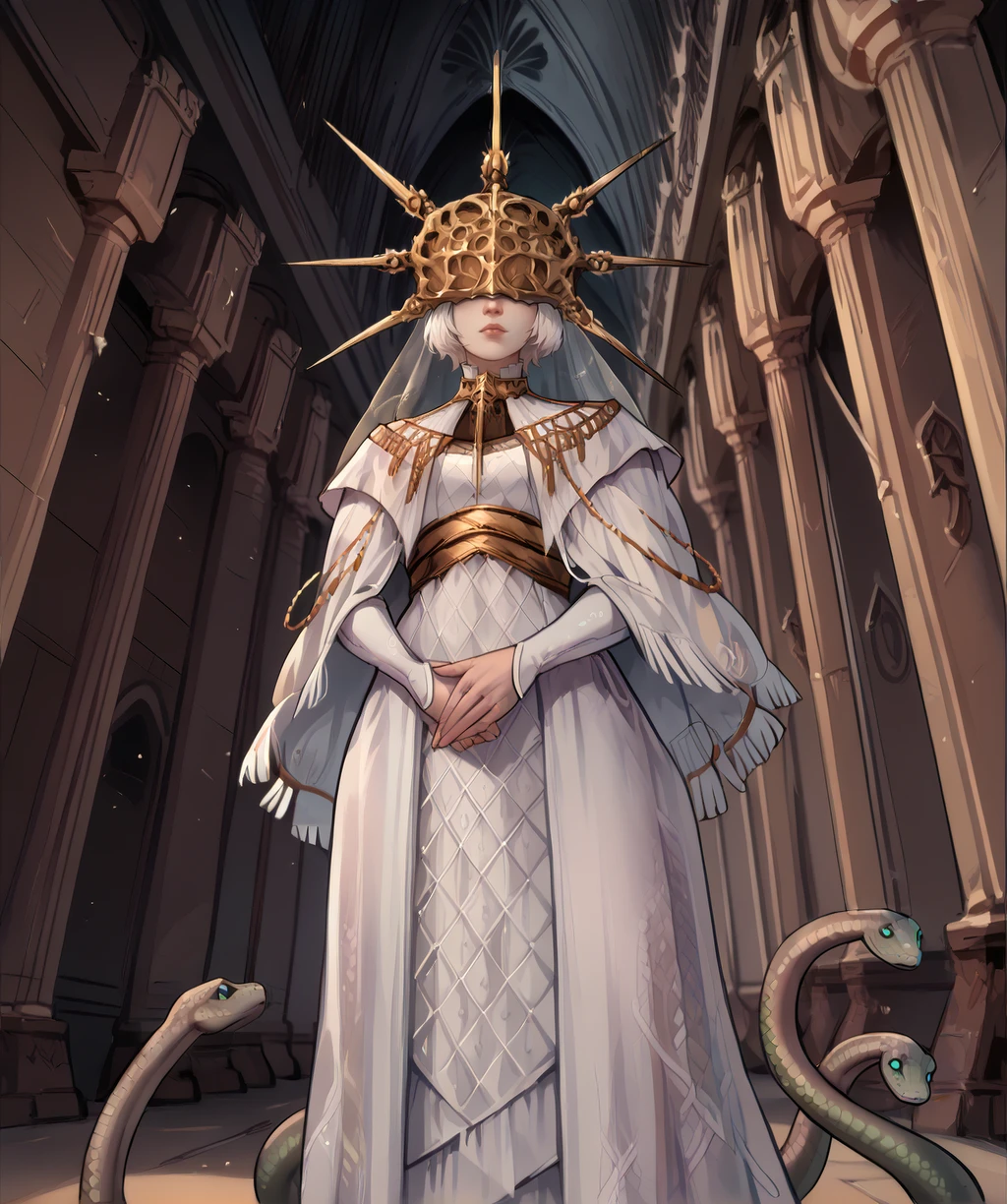 score_9, score_8_up, score_7_up, score_6_up, score_5_up, score_4_up,
gwyndlnxl, white hair, short hair, gold helmet, veil,
gold jewelry, white dress, capelet,
standing, from below, snake legs,
indoors, hallway, cathedral, dusk,
<lora:GwyndolinDSXL:1>,